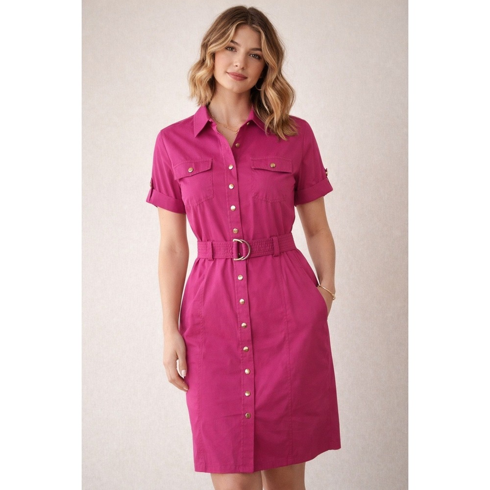 ECI New York Fuchsia Pink Belted Shirt Dress Women's 8 NWT